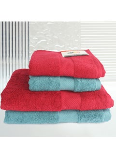 White Rose Towel 4 Piece Bathroom  Set ACCRA 550 GSM 100% Cotton Terry 2 Bath  70X140 cm & 2 Hand  50x90 cm Turquoise & Red Color Soft Feel Super Absorbent  - Image 1