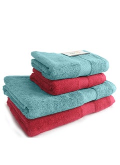 White Rose Towel 4 Piece Bathroom  Set ACCRA 550 GSM 100% Cotton Terry 2 Bath  70X140 cm & 2 Hand  50x90 cm Turquoise & Red Color Soft Feel Super Absorbent  - Image 4