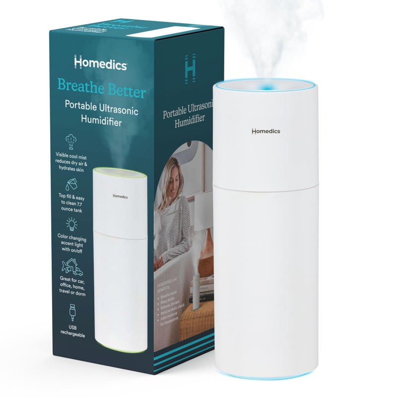 Homedics Portable Humidifier Small Air Humidifiers for Bedroom Plants Office Travel Cool Mist Humidifiers ColorChanging Accent Light 2 Mist Settings Matte White - Image 2