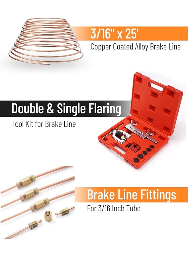 TERRIFI 25 Ft 3/16 Copper Coated Brake Line Kit With 16 Fittings And 4 Unions, Includes Double & Single Flaring Tool Kit For Brake Line Installation And Repair  - Image 2