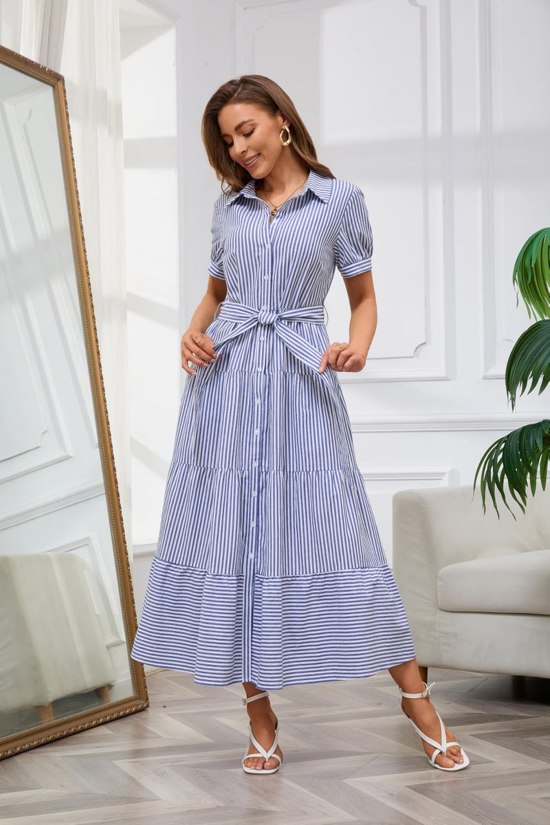utcoco Womens Casual Short Sleeve Button Down Tie Waist Ruffled Striped Maxi Shirt Dress (XX-Large, Blue) - Image 3