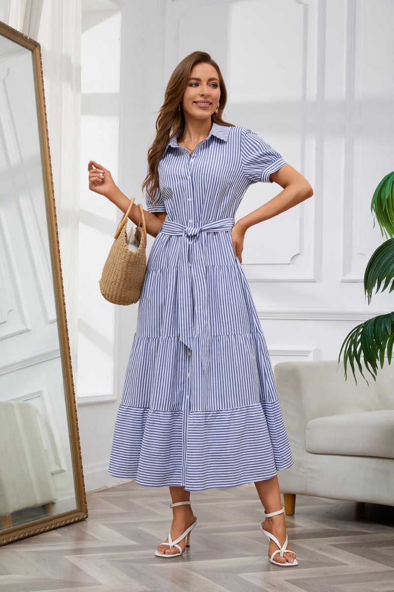 utcoco Womens Casual Short Sleeve Button Down Tie Waist Ruffled Striped Maxi Shirt Dress (XX-Large, Blue) - Image 5
