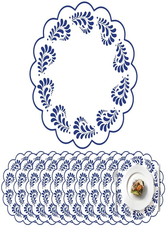 Stuffygreenus 100 Pcs Talavera Paper Placemats 13.5 Inches Scalloped Cantaritos De Barro Mexicanos Paper Placemats Disposable Blue and White Party Decorations for Mexican Wedding Baby Shower Party Decor - Image 1