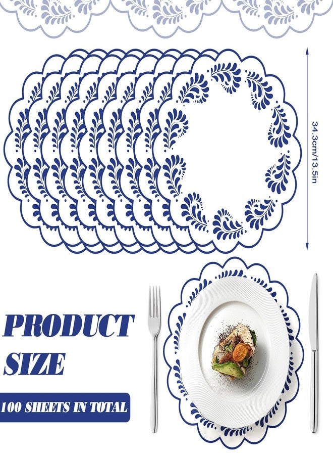 Stuffygreenus 100 Pcs Talavera Paper Placemats 13.5 Inches Scalloped Cantaritos De Barro Mexicanos Paper Placemats Disposable Blue and White Party Decorations for Mexican Wedding Baby Shower Party Decor - Image 2