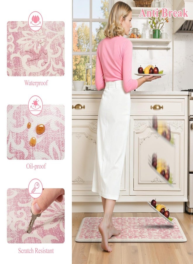 LEEVAN Pink Kitchen Mat Sets of 2, Vintage Distressed Anti Fatigue Memory Foam Kitchen Floor Mat for Laundry,Non Slip Cushioned Standing Mat for Home, Office, Desk,Sink(17''x29''+17''x47'') - Image 3
