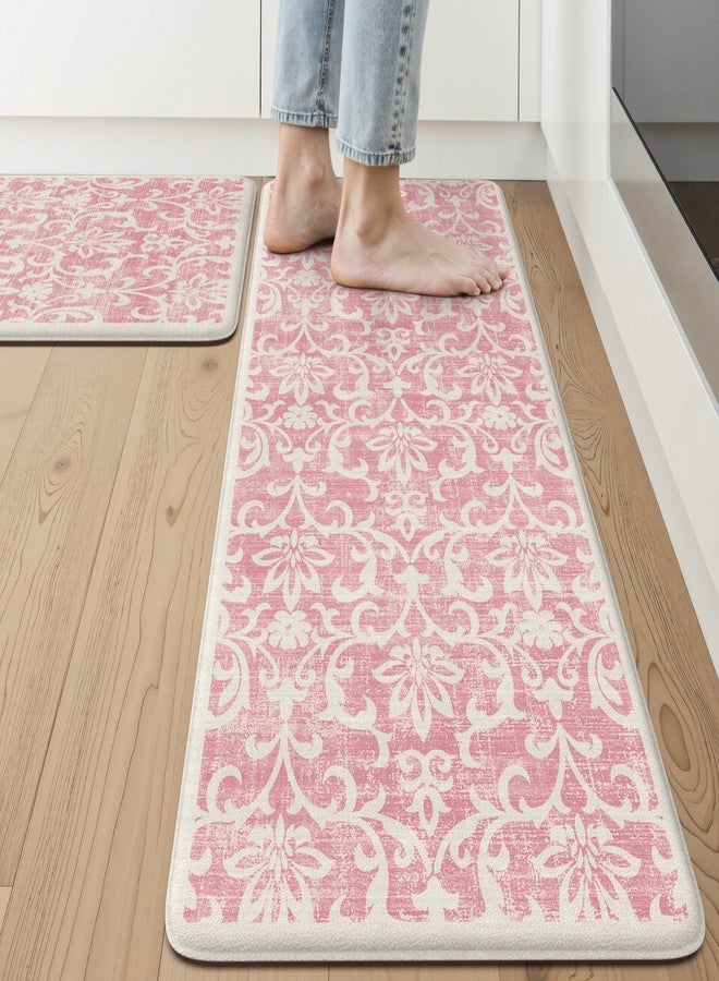 LEEVAN Pink Kitchen Mat Sets of 2, Vintage Distressed Anti Fatigue Memory Foam Kitchen Floor Mat for Laundry,Non Slip Cushioned Standing Mat for Home, Office, Desk,Sink(17''x29''+17''x47'') - Image 1