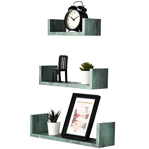 Greenco Set of 3 Floating “U” Shelves, Easy-to-Assemble Floating Wall Mount Shelves for Bedrooms and Living Rooms, Rustic Turquoise Finish - Image 1
