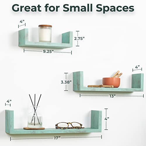 Greenco Set of 3 Floating “U” Shelves, Easy-to-Assemble Floating Wall Mount Shelves for Bedrooms and Living Rooms, Rustic Turquoise Finish - Image 2