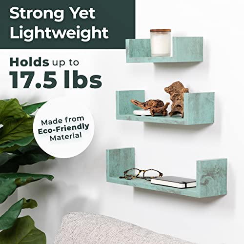 Greenco Set of 3 Floating “U” Shelves, Easy-to-Assemble Floating Wall Mount Shelves for Bedrooms and Living Rooms, Rustic Turquoise Finish - Image 3