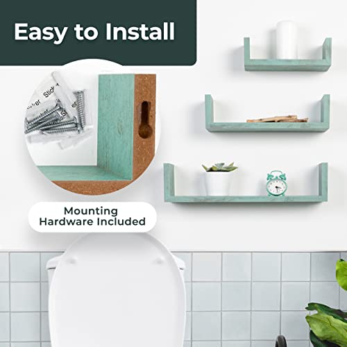 Greenco Set of 3 Floating “U” Shelves, Easy-to-Assemble Floating Wall Mount Shelves for Bedrooms and Living Rooms, Rustic Turquoise Finish - Image 4