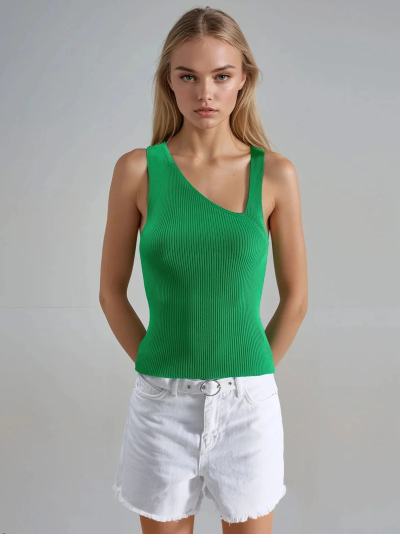 My Fashion Green Fitted Asymmetrical Neck Ribbed Sleeveless Knit Top for Women | Best Price UAE