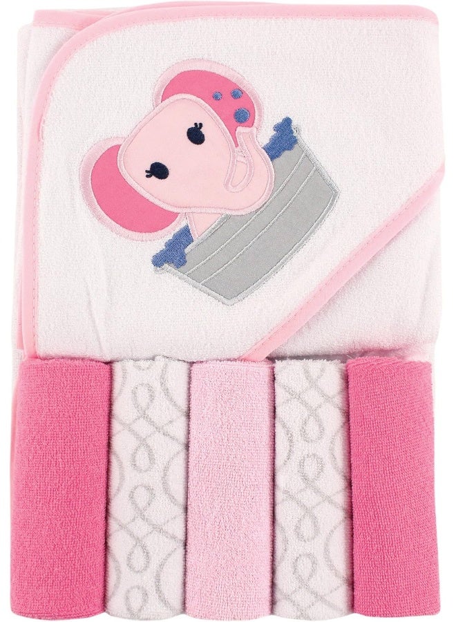 Luvable Friends Unisex Baby Hooded Towel with Five Washcloths, Pink Elephant, One Size - Image 2