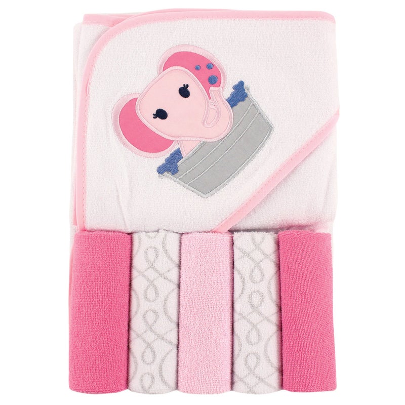 Luvable Friends Unisex Baby Hooded Towel with Five Washcloths, Pink Elephant, One Size - Image 1