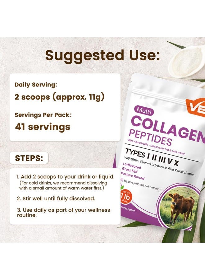 VEV Multi Collagen Peptides Powder, 16 oz (41 Servings) – Type I, II, III, V, X, Hydrolyzed Collagen, Hyaluronic Acid Power, Biotin, Vitamin C, Supports Skin, Unflavored, Dissolves Easily - Image 5