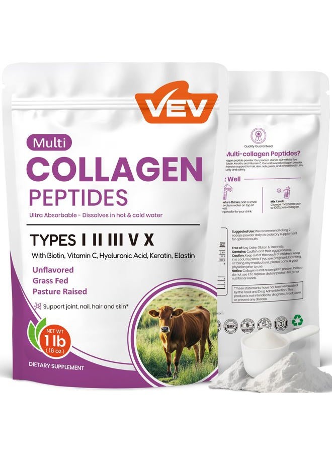 VEV Multi Collagen Peptides Powder, 16 oz (41 Servings) – Type I, II, III, V, X, Hydrolyzed Collagen, Hyaluronic Acid Power, Biotin, Vitamin C, Supports Skin, Unflavored, Dissolves Easily - Image 1