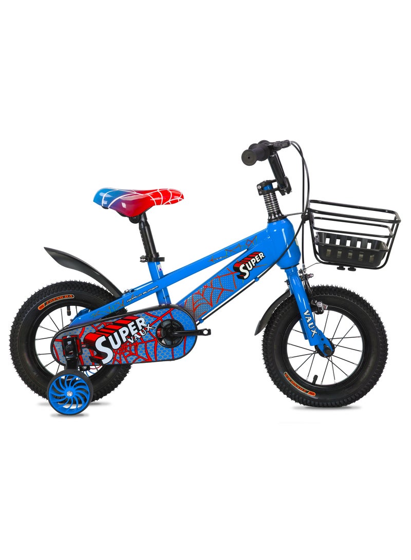 Vaux Super 12-Inch Kids Bike | 12-Inch Wheel Size| Adjustable Seat | With Basket, Handbrake, Mudguards And Training Wheels | Blue Color - Image 1