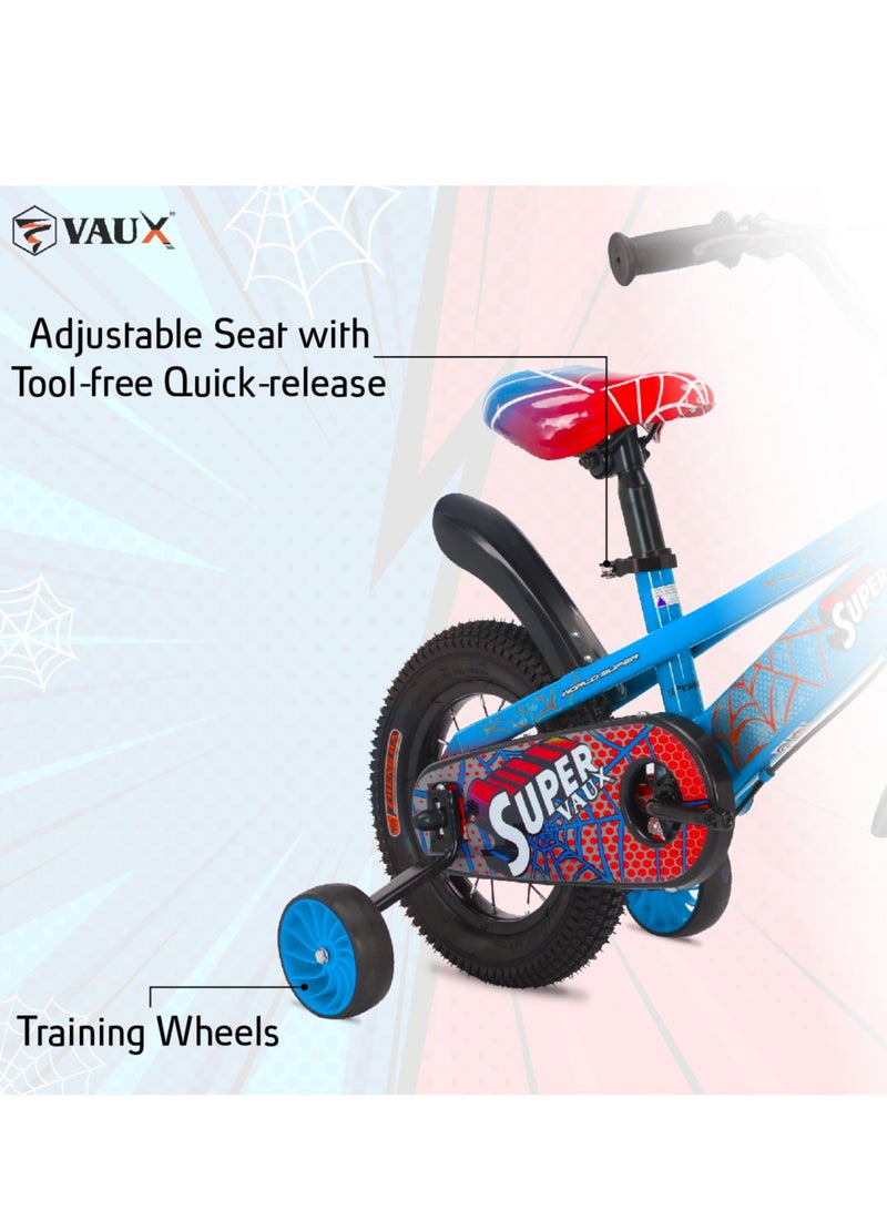 Vaux Super 12-Inch Kids Bike | 12-Inch Wheel Size| Adjustable Seat | With Basket, Handbrake, Mudguards And Training Wheels | Blue Color - Image 2