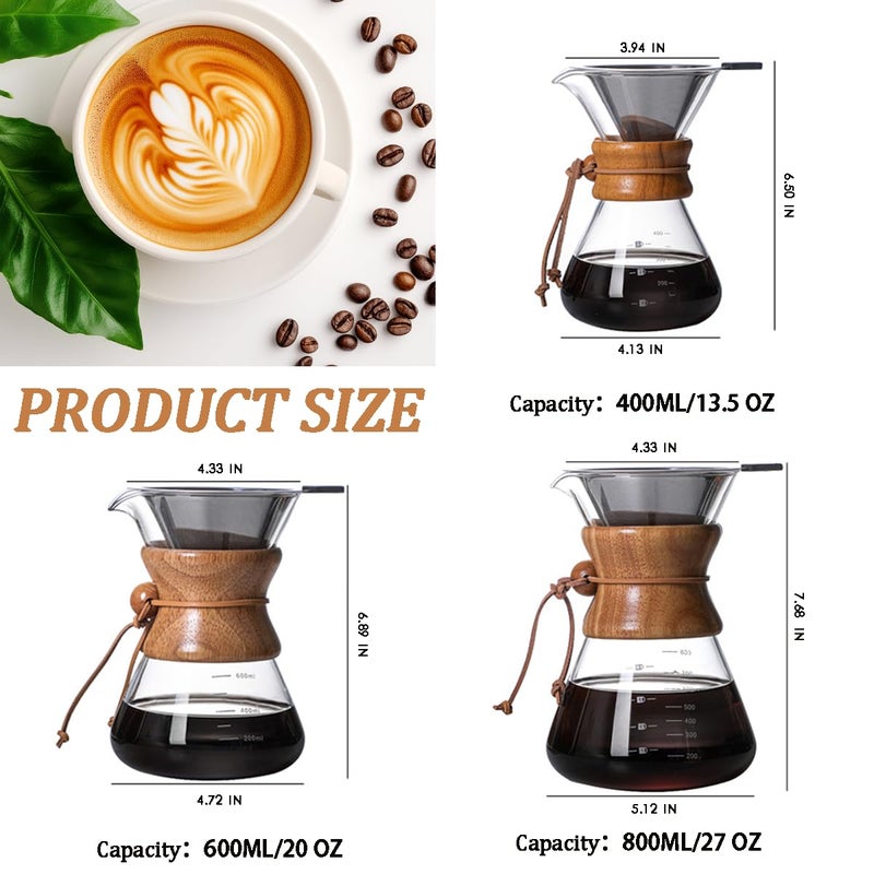 COFISUKI Pour Over Coffee Maker with Reusable Stainless Steel Drip Filter, Lead-Free Borosilicate Glass Coffee Carafe with Modern Wooden Collar for 1-2Cup, Circular Clear (400ml/13.5oz) - Image 3