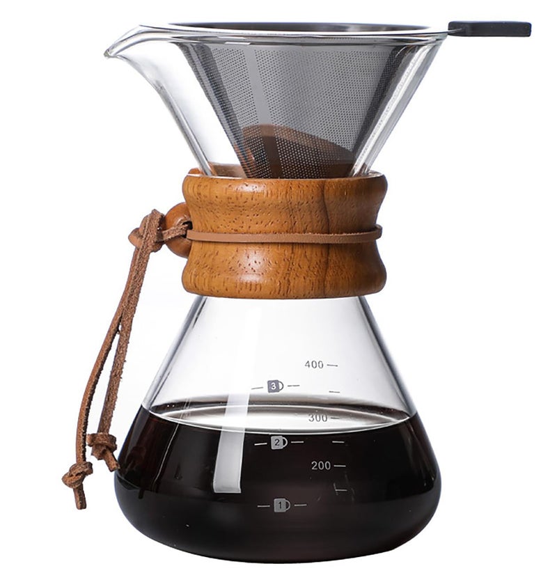COFISUKI Pour Over Coffee Maker with Reusable Stainless Steel Drip Filter, Lead-Free Borosilicate Glass Coffee Carafe with Modern Wooden Collar for 1-2Cup, Circular Clear (400ml/13.5oz) - Image 1