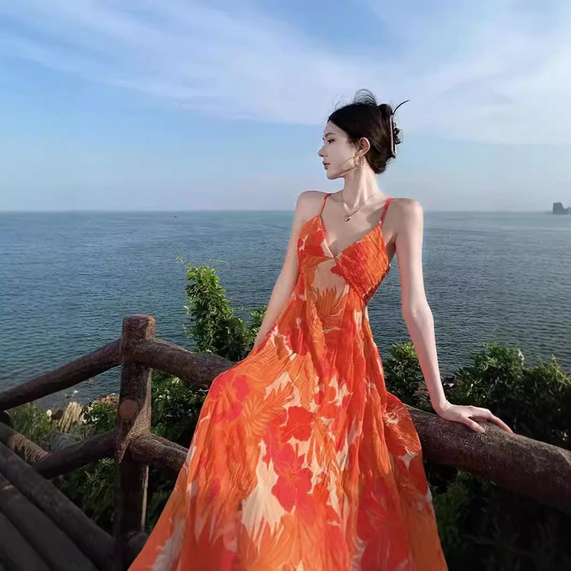 Women's 2024 Summer Orange Floral Pleated Cami Dress - Image 4