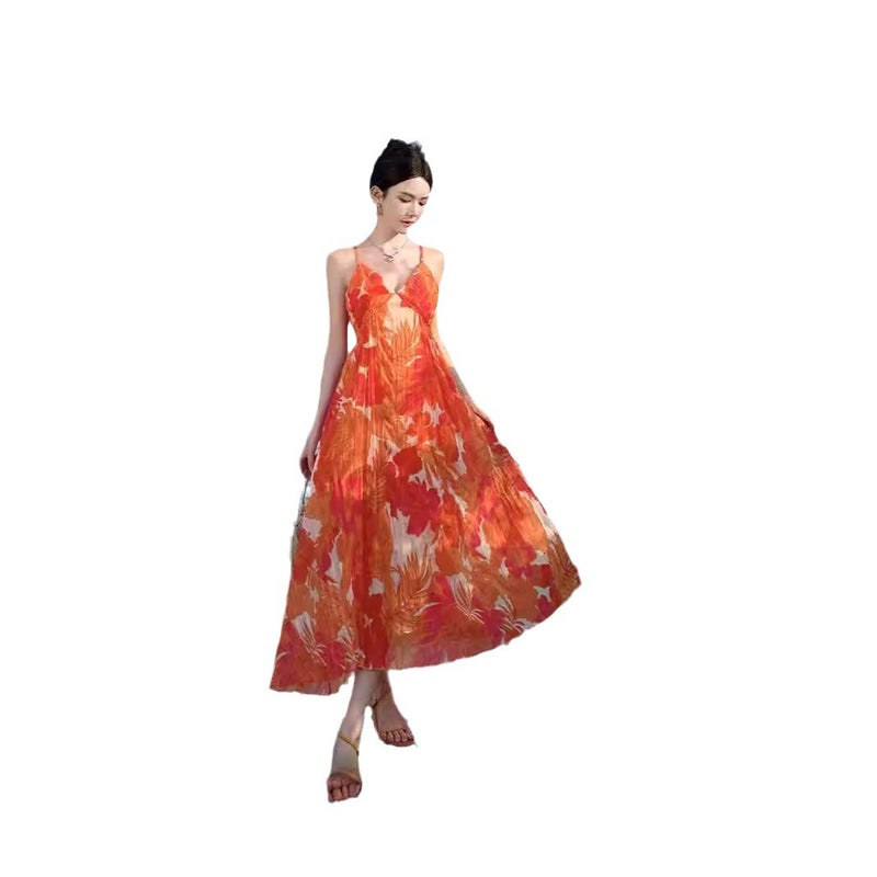 Women's 2024 Summer Orange Floral Pleated Cami Dress - Image 5