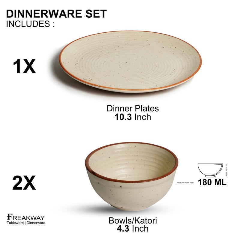 Freakway Handcrafted Ceramic Stoneware Cream White Dinner Plates 10 Inches with Serving Bowl Set of 3 Pieces | 1 Dinner Plates with 2 Bowls | Dishwasher & Microwave Safe - Off White - Image 2