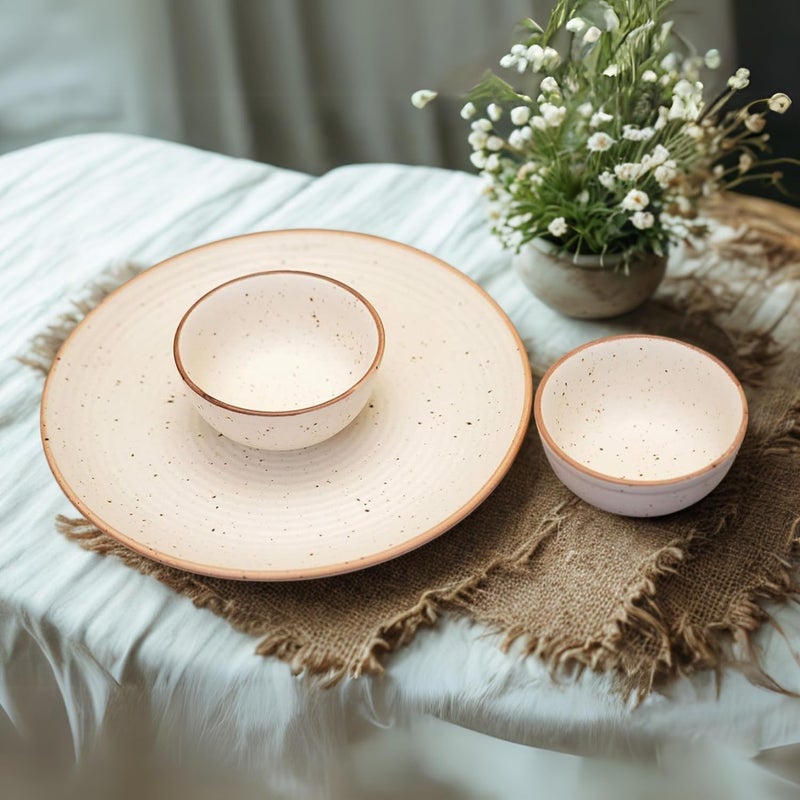 Freakway Handcrafted Ceramic Stoneware Cream White Dinner Plates 10 Inches with Serving Bowl Set of 3 Pieces | 1 Dinner Plates with 2 Bowls | Dishwasher & Microwave Safe - Off White - Image 1