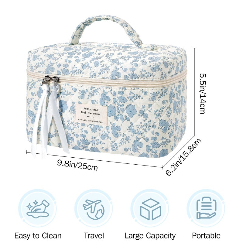 senbowe Large Quilted Makeup Bag, Cotton Floral Cosmetic Bag for Women, Cute Coquette Aesthetic Makeup Bag Toiletry Bag, Travel Make Up Organizer Bag with Zipper and Ribbon - Image 2