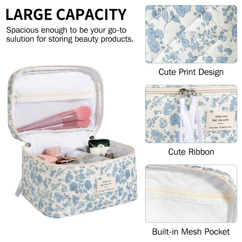 senbowe Large Quilted Makeup Bag, Cotton Floral Cosmetic Bag for Women, Cute Coquette Aesthetic Makeup Bag Toiletry Bag, Travel Make Up Organizer Bag with Zipper and Ribbon - Image 4