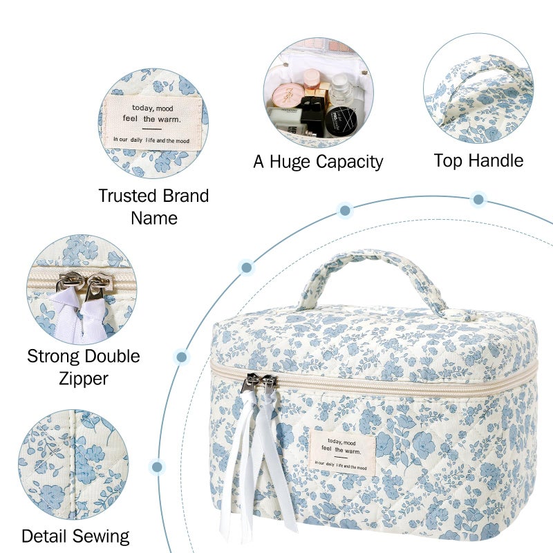 senbowe Large Quilted Makeup Bag, Cotton Floral Cosmetic Bag for Women, Cute Coquette Aesthetic Makeup Bag Toiletry Bag, Travel Make Up Organizer Bag with Zipper and Ribbon - Image 3