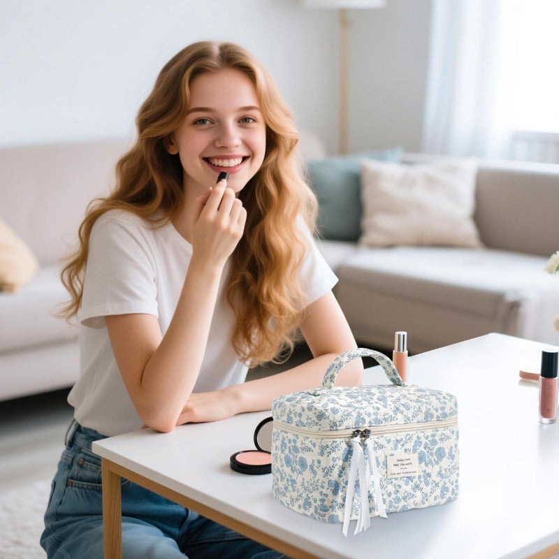 senbowe Large Quilted Makeup Bag, Cotton Floral Cosmetic Bag for Women, Cute Coquette Aesthetic Makeup Bag Toiletry Bag, Travel Make Up Organizer Bag with Zipper and Ribbon - Image 5