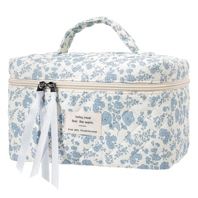 senbowe Large Quilted Makeup Bag, Cotton Floral Cosmetic Bag for Women, Cute Coquette Aesthetic Makeup Bag Toiletry Bag, Travel Make Up Organizer Bag with Zipper and Ribbon - Image 1