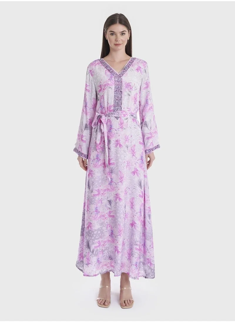 KASHKHA V-Neck Floral Print Jalabiya