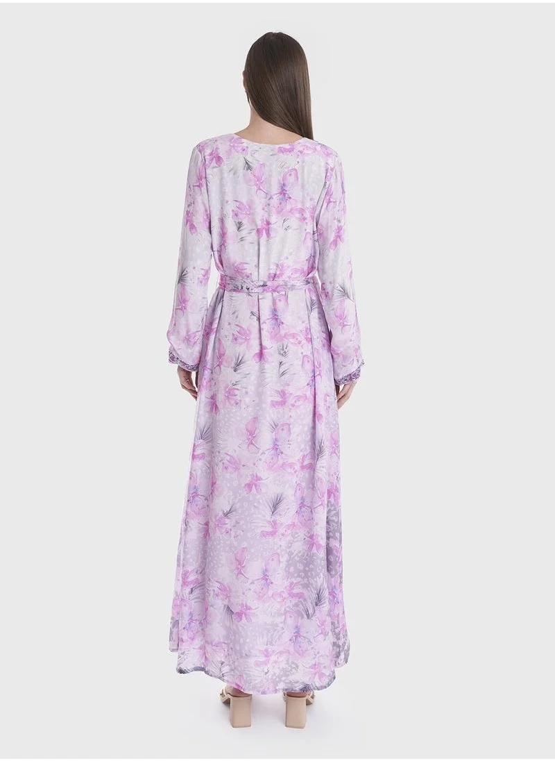 KASHKHA V-Neck Floral Print Jalabiya