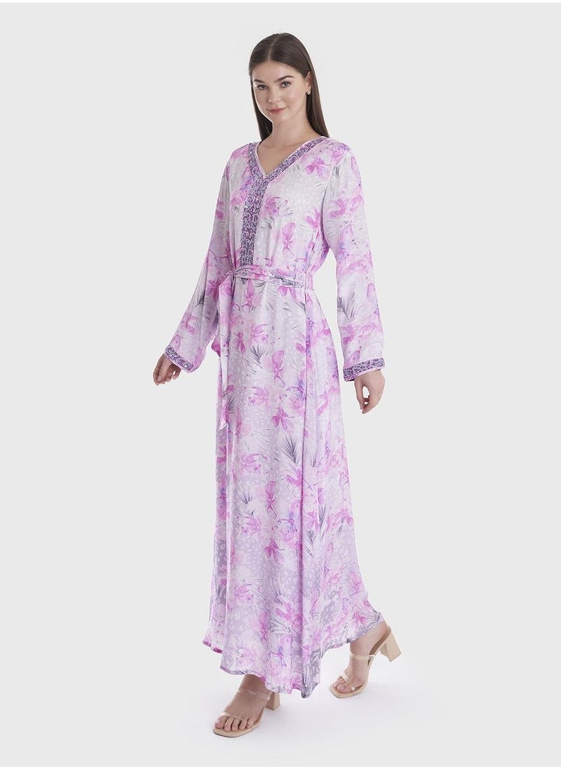 KASHKHA - V-Neck Floral Print Jalabiya - Image 1
