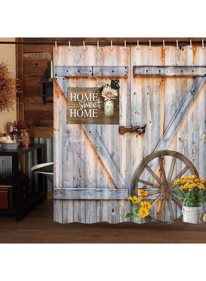 Jipusai Rustic Barn Door Shower Curtain for Bathroom, Western Farmhouse Yellow Daisy Floral Bath Curtain Sets,Fabric Countryside Wooden Cabin Decor Curtains with Hooks 70X72 in - Image 4