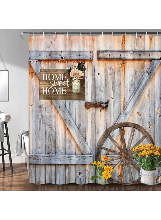 Jipusai Rustic Barn Door Shower Curtain for Bathroom, Western Farmhouse Yellow Daisy Floral Bath Curtain Sets,Fabric Countryside Wooden Cabin Decor Curtains with Hooks 70X72 in - Image 3