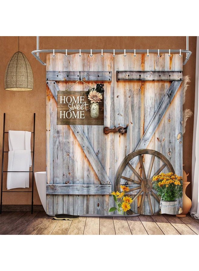 Jipusai Rustic Barn Door Shower Curtain for Bathroom, Western Farmhouse Yellow Daisy Floral Bath Curtain Sets,Fabric Countryside Wooden Cabin Decor Curtains with Hooks 70X72 in - Image 1