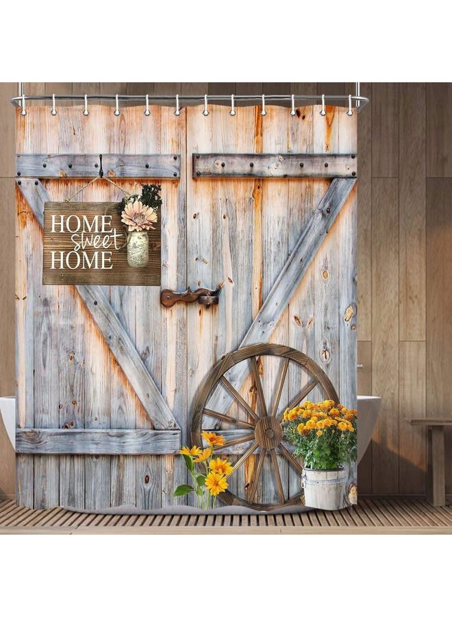 Jipusai Rustic Barn Door Shower Curtain for Bathroom, Western Farmhouse Yellow Daisy Floral Bath Curtain Sets,Fabric Countryside Wooden Cabin Decor Curtains with Hooks 70X72 in - Image 2
