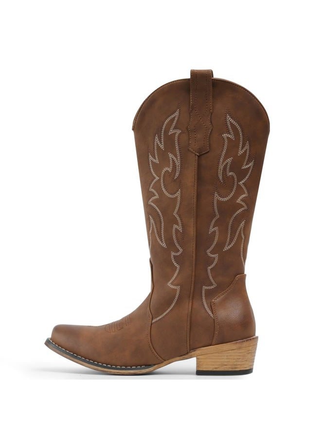 IUV Cowboy Boots for Women Mid Calf Fashion Cowgirl Boots with Embroidery Western Snip Toe, Red/Brown, 8.5 - Image 3
