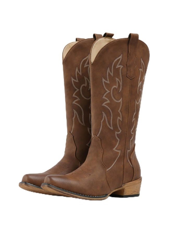 IUV Cowboy Boots for Women Mid Calf Fashion Cowgirl Boots with Embroidery Western Snip Toe, Red/Brown, 8.5 - Image 1