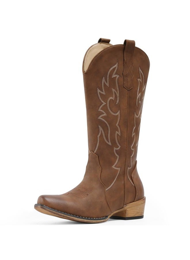 IUV Cowboy Boots for Women Mid Calf Fashion Cowgirl Boots with Embroidery Western Snip Toe, Red/Brown, 8.5 - Image 2