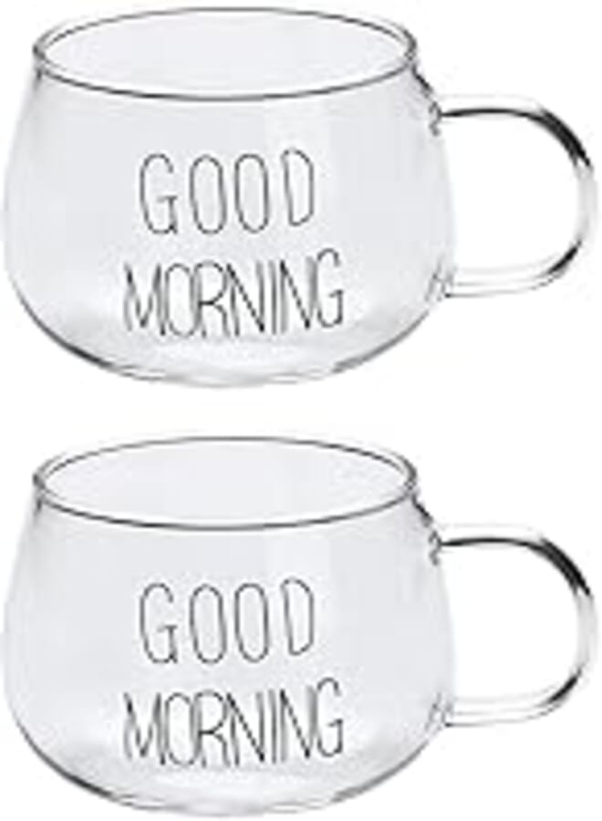 Glass Coffee Cups Clear Glasses Mug Tumbler for Drinking (Good Morning) 390 ML - 2 Pieces
