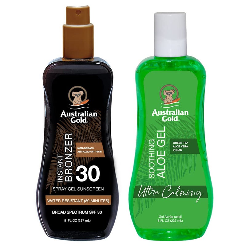 Australian Gold Australian Gold Sunscreen Gel Spray with Bronzer  Soothing After Sun Aloe Vera Gel Hydrating Sunburn Relief  Broad Spectrum UVAUVB SPF 30 Sunscreen Spray  Vegan Skin Care Set 