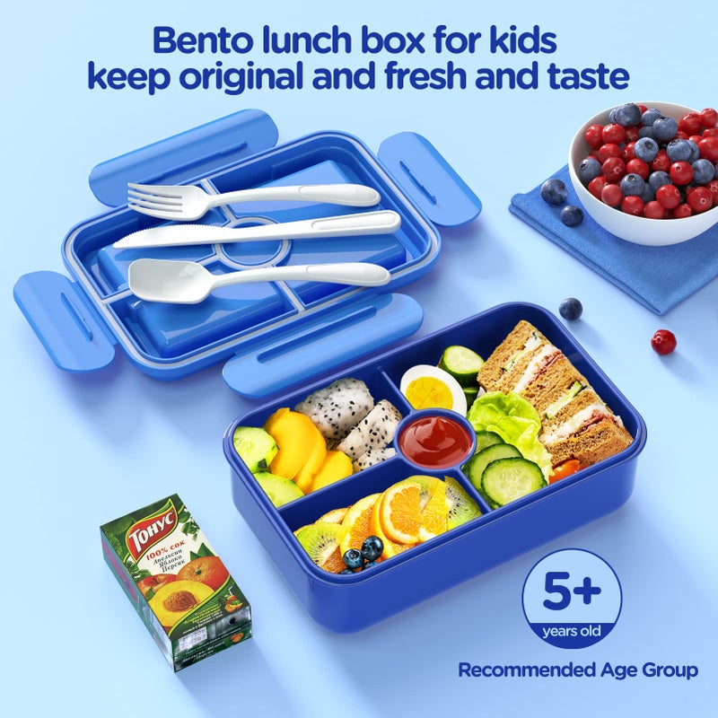 Jelife Bento Lunch Box for Kids - Leakproof Large Bento-Style with 4 Compartments Portions Lunchbox with Tableware Back to School  Reusable On-the-Go Meal and Snack Packing  Blue - Image 2