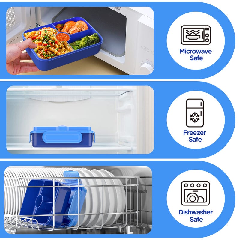 Jelife Bento Lunch Box for Kids - Leakproof Large Bento-Style with 4 Compartments Portions Lunchbox with Tableware Back to School  Reusable On-the-Go Meal and Snack Packing  Blue - Image 5