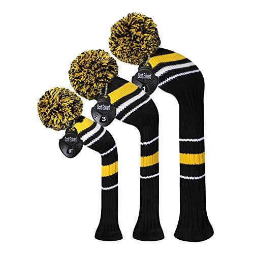 Scott Edward Yellow Black White Warning Color Style Golf Pom Pom Head Covers Set of 3 for Wood Clubs, Rotating Number Tags(Yellow Red White) - Image 1