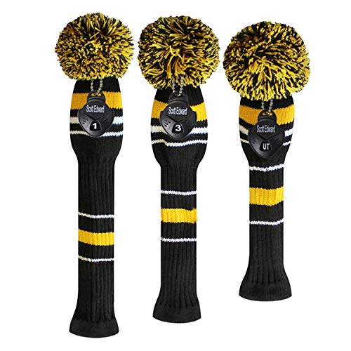 Scott Edward Yellow Black White Warning Color Style Golf Pom Pom Head Covers Set of 3 for Wood Clubs, Rotating Number Tags(Yellow Red White) - Image 2