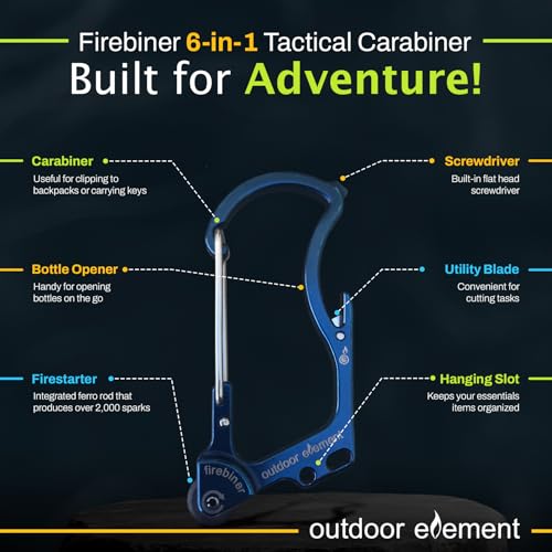 OUTDOOR ELEMENT Firebiner 6-in-1 Fire-Starting Carabiner EDC Emergency Multitool -Keychain,Utility Blade,Bottle Opener,& more - Image 3