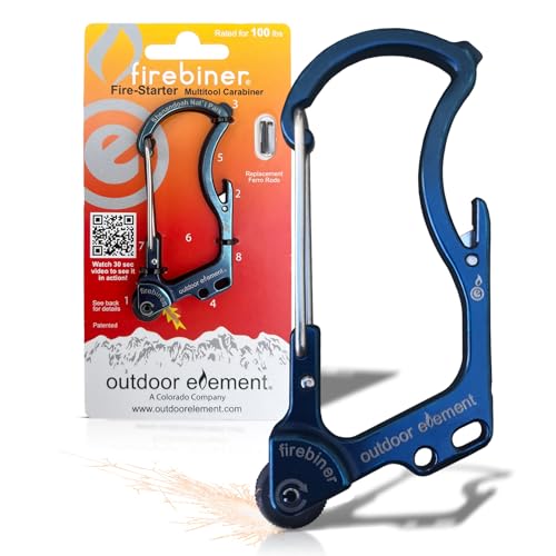 OUTDOOR ELEMENT Firebiner 6-in-1 Fire-Starting Carabiner EDC Emergency Multitool -Keychain,Utility Blade,Bottle Opener,& more - Image 1